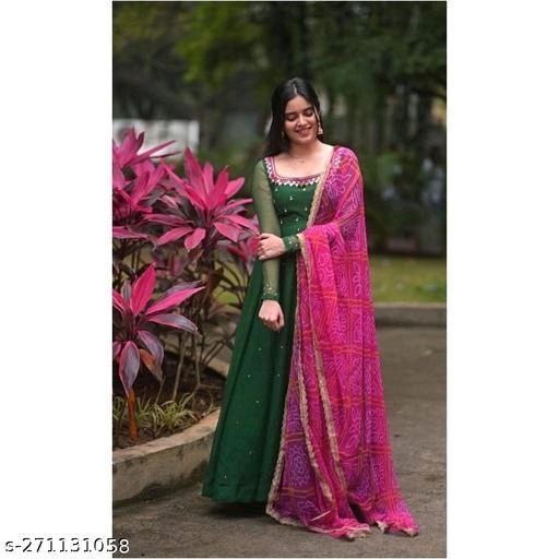 Women’s solid georgette gown kurta with dupatta long ethnic dress set
